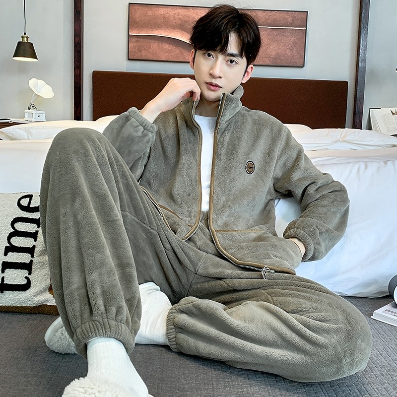 男款睡衣男士秋冬季冬款男生加厚加绒保暖珊瑚绒拉链可外穿家居服