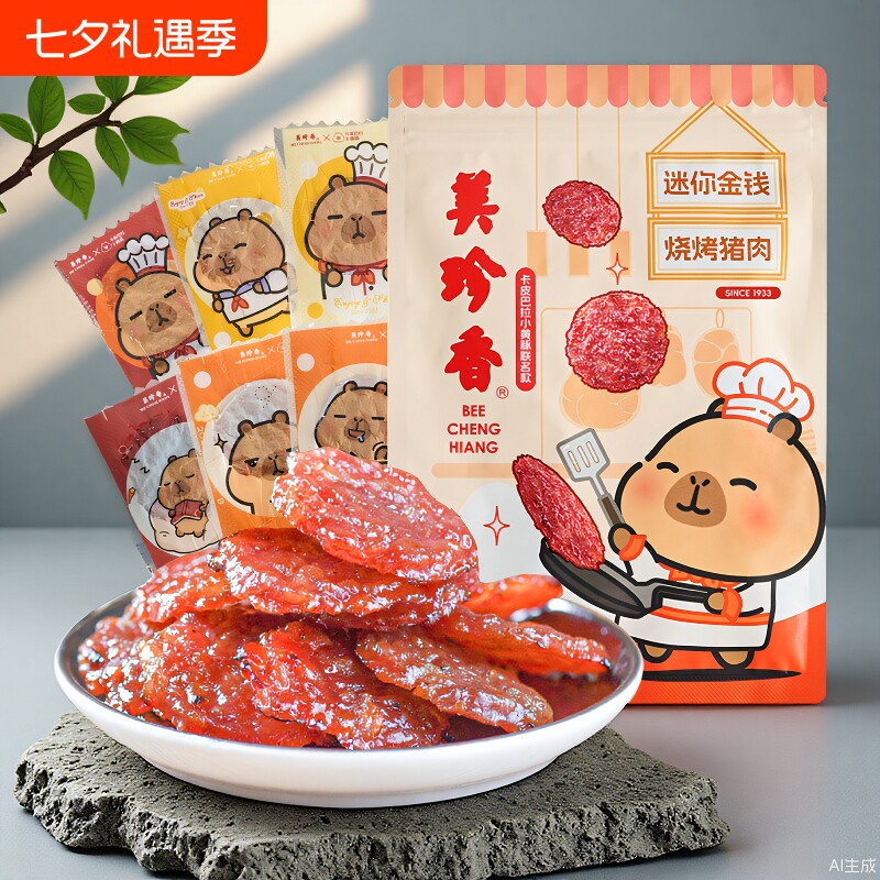 美珍香卡皮巴拉休闲金钱烧烤猪肉100g独立包装肉干零食解馋夜宵