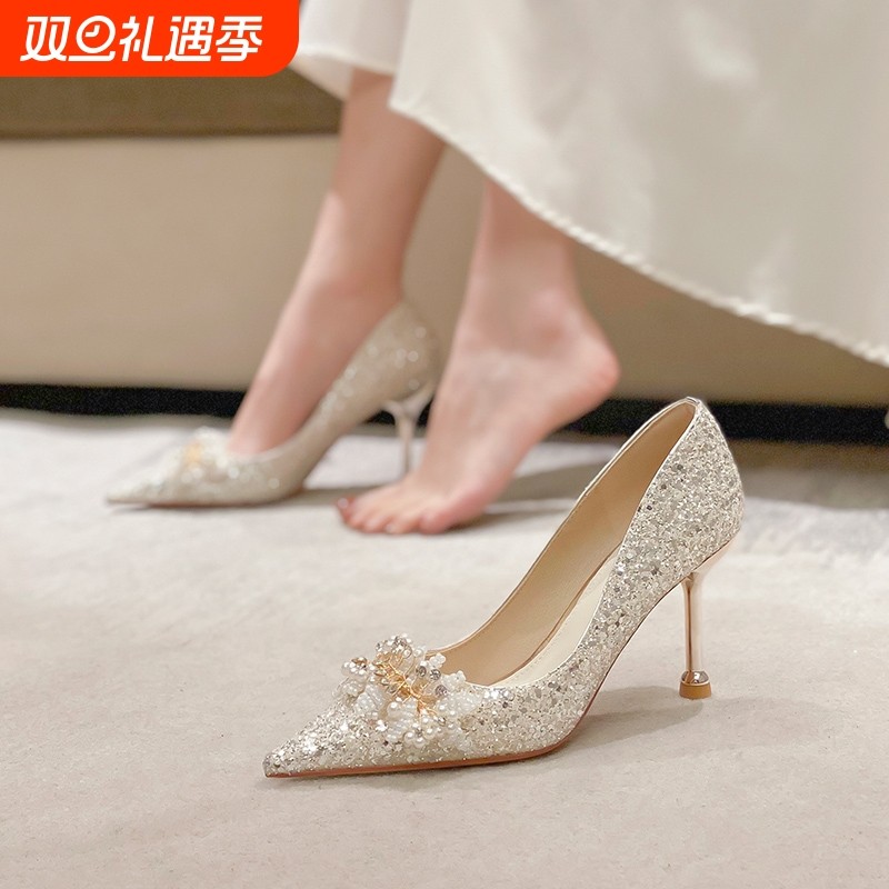 法式珍珠花亮片婚纱鞋女不累脚法式水晶新娘鞋宴会日常可穿高跟鞋