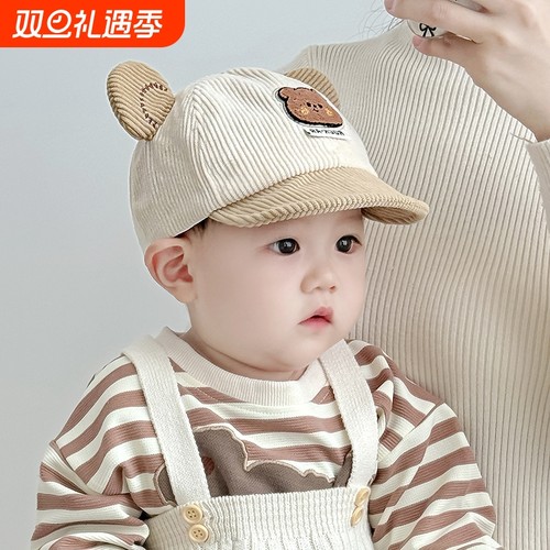 宝宝鸭舌帽子秋冬季韩版厚男女童可爱小熊防晒灯芯绒婴儿春秋软檐