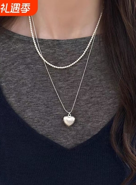 简约百搭拉丝爱心珍珠叠戴项链女轻奢小众高级感锁骨链银白色颈链