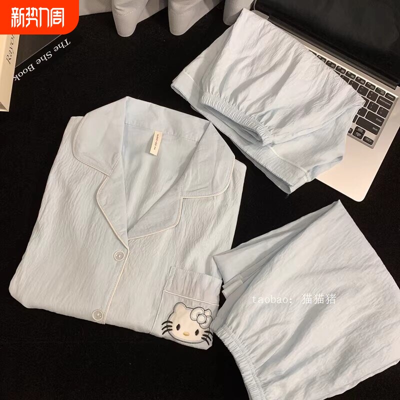 KT猫纯色棉绸睡衣女夏天纯棉纱布短袖薄款家居服三件套装短裤企鹅
