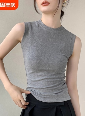 小圆领吊带背心女夏外穿2025新款显瘦灰色无袖打底上衣潮半高领