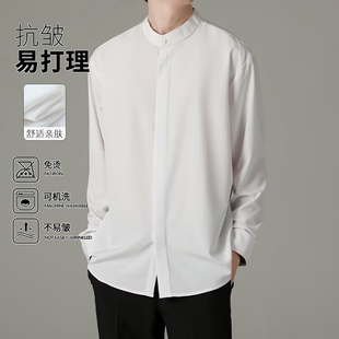 轻熟风修身 亨利领衬衫 新中式 秋季 黑色衬衣高级感休闲上衣潮 男士