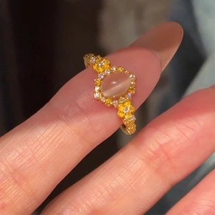 小红书爆款新中式月光繁花戒指女款镶嵌猫眼锆石送女友情人节礼物