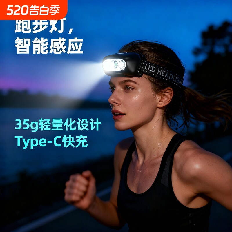 跑步灯夜跑头灯登山强光超亮长续航感应头戴式小便携户外夜钓徒步