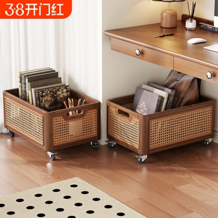 实木学生教室书本收纳箱落地可移动书包置物架桌下桌边大容量书箱高中生课本书籍筐带滑轮推车桌面收纳盒书架