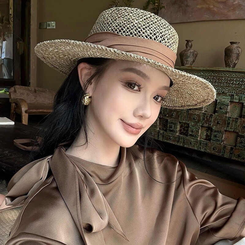 焦下天然咸水草帽女夏季海边度假沙滩防晒帽镂空遮阳帽法式草编礼