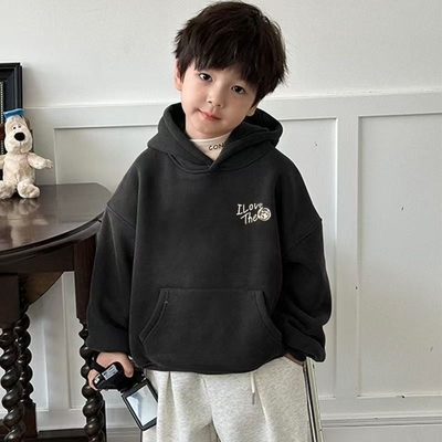 韩版连帽卫衣男童中大童宝宝长袖上衣儿童秋冬装保暖加绒黑色有帽