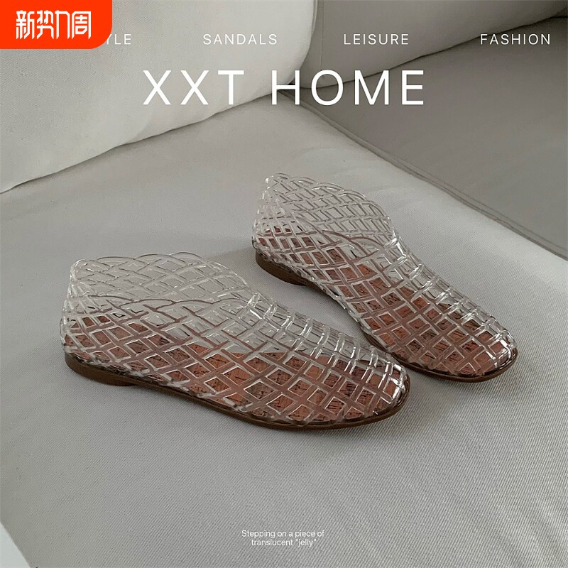 细细条 小众时尚渔网果冻鞋欧美镂空网格软平底沙滩度假浅口单鞋