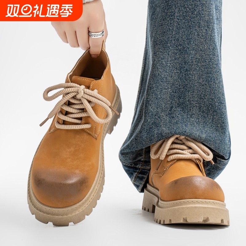 男鞋秋季美式复古做旧休闲工装大黄马丁靴男士低帮大头德比鞋