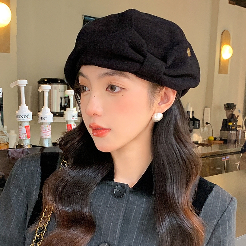 【工厂价】韩系蝴蝶结贝雷帽女秋冬季大头围气质云朵八角帽时尚百