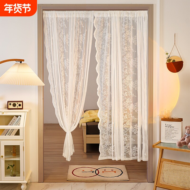 免打孔安装纱帘伸缩杆门帘简易少女法式蕾丝小窗户短窗帘遮挡布gr