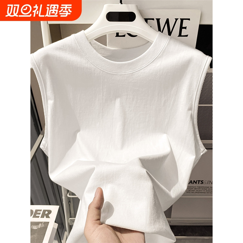 无袖背心男款重磅宽松夏季潮牌纯棉圆领t恤港风运动健身衣服