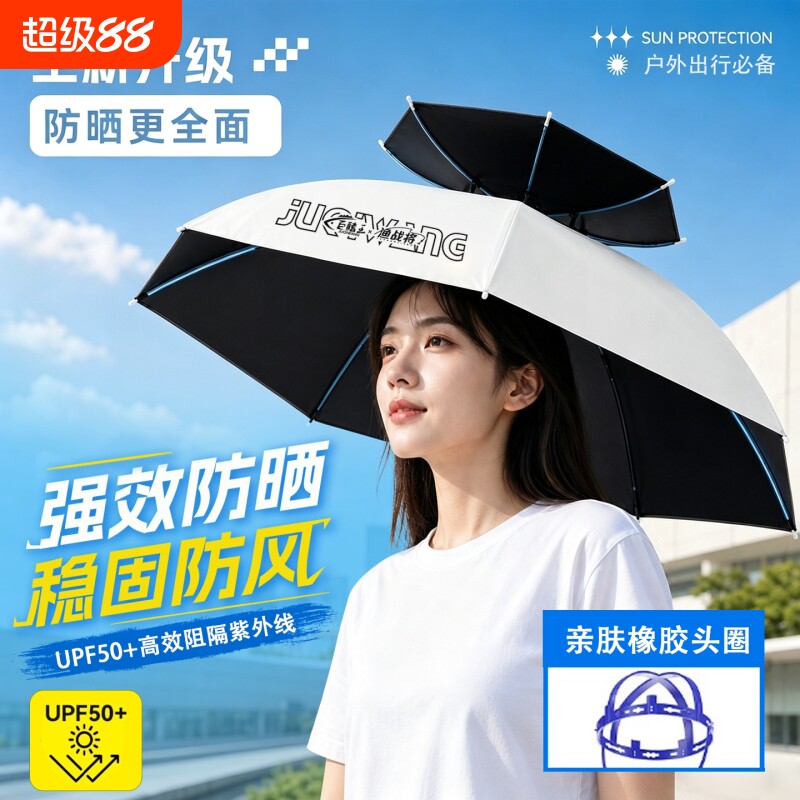 新款头戴雨伞帽头顶雨伞钓鱼伞图片