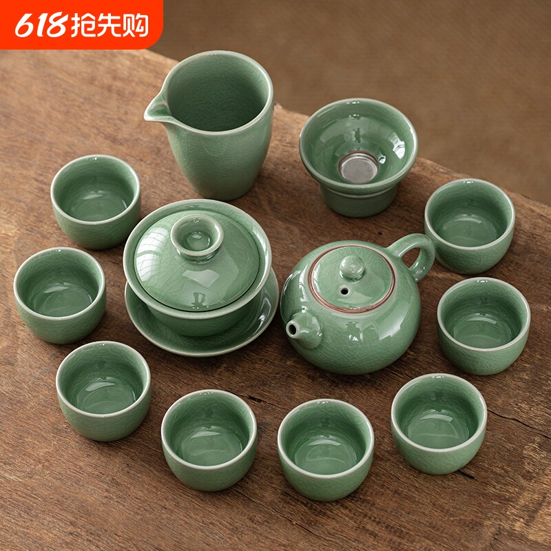 冰裂纹哥窑绿功夫茶具盖碗茶壶泡茶器套装提梁壶茶杯户外家用开片