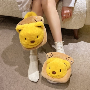 黄色小熊奶呼呼毛毛拖鞋女舒适居家包头拖鞋秋冬款保暖可爱棉拖鞋