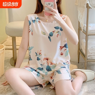 棉绸睡衣女夏薄款宽松无袖人造棉家居服可外穿学生绵绸套装加大码