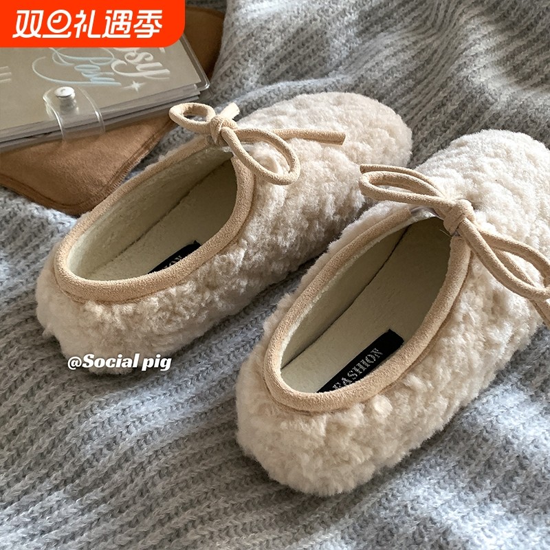 唔~太可爱了哇！平软底羊羔毛毛鞋女外穿秋冬季加绒单鞋棉鞋圆头
