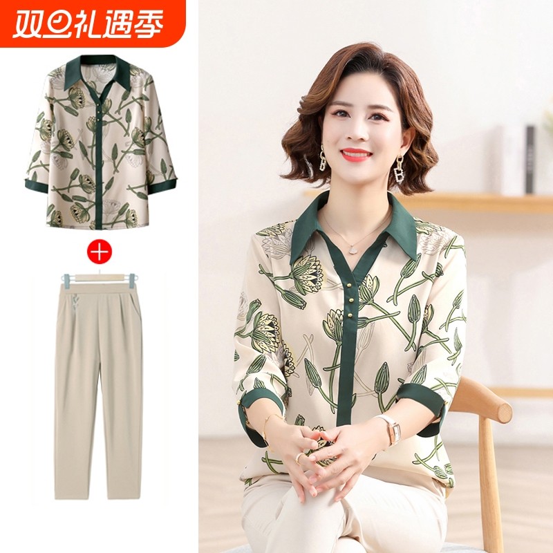 中年妈妈夏装洋气质衬衫上衣中老年人女装新款春秋时尚七分袖套装