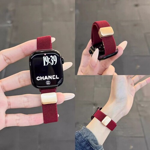 【马上暴富新年红】适用苹果S11手表iwatch11表带applewatch10细款尼龙磁吸s9秋冬女新款编织酒红se3运动