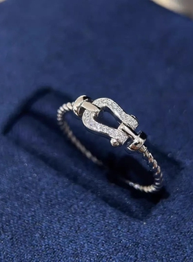 马蹄扣戒指女纯银玫瑰金镶嵌轻奢ins高级感不掉色麻花扭绳指环