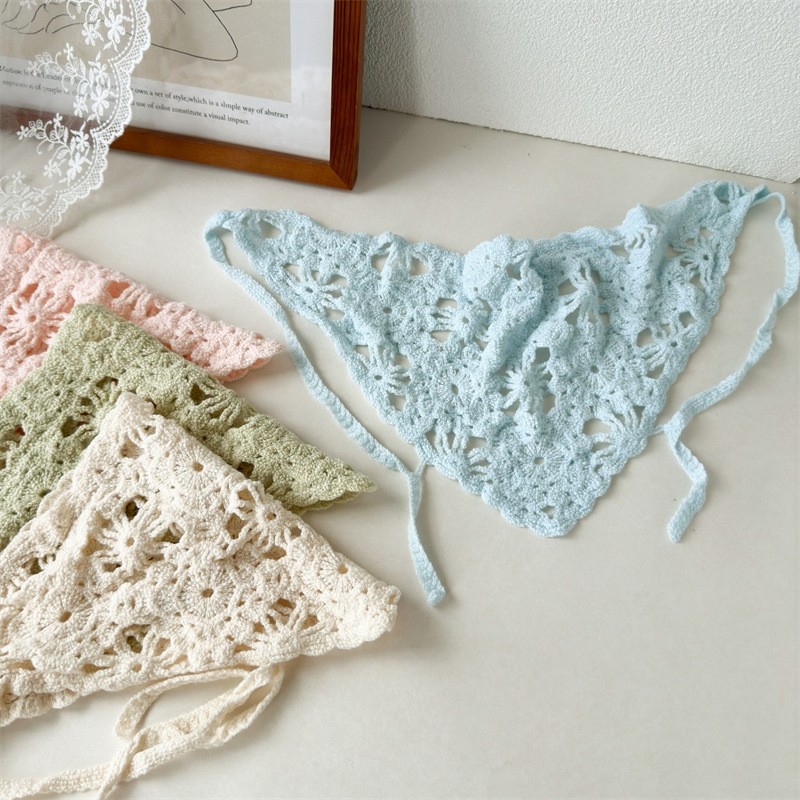 镂空针织花朵三角巾头巾森系遮阳包头发带田园风海边拍照头饰