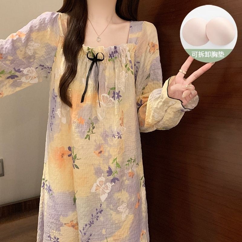 2025新款带胸垫长袖睡裙女秋冬季中长款连衣裙睡衣居服套装可外穿