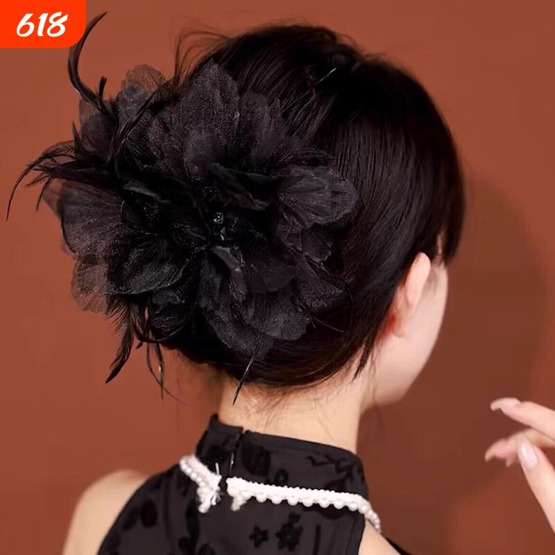 黑色羽毛抓夹发夹新款女2024头花发高级感夹子鲨鱼夹花朵量多