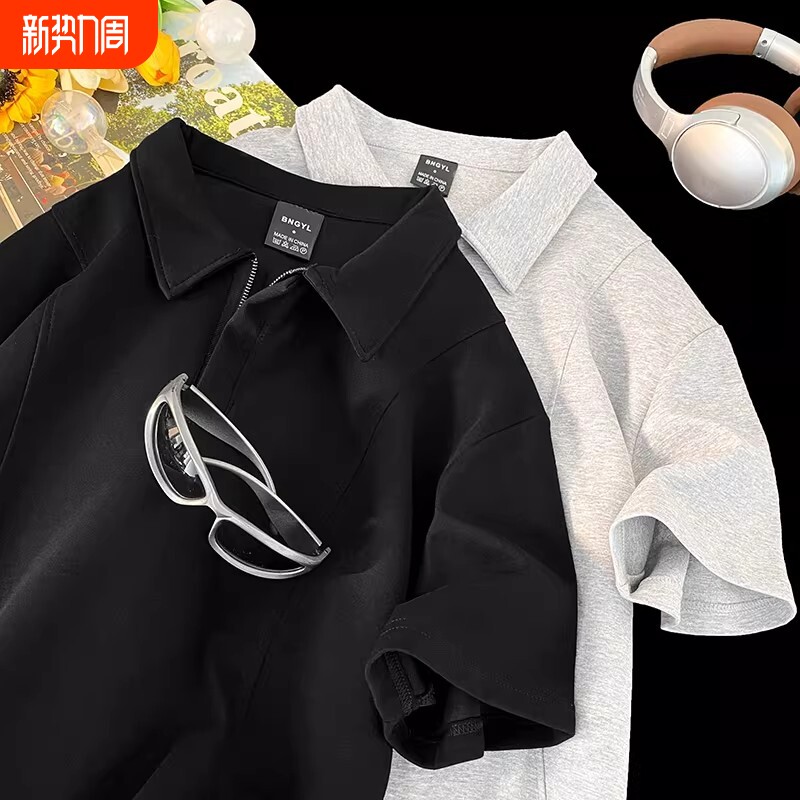 灰色短袖男polo衫痞帅夏季潮男正肩t恤美式重磅宽松薄款白色黑色