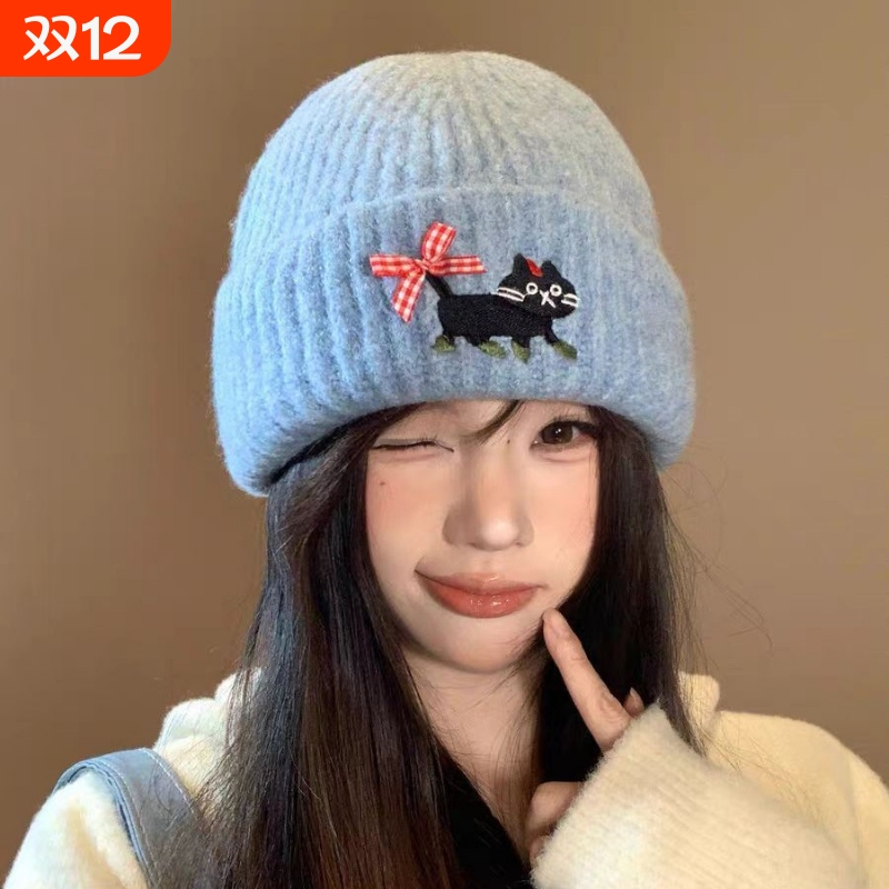 可爱小猫刺绣帽子女秋冬季保暖护耳毛线帽韩版百搭显脸小冷帽针织