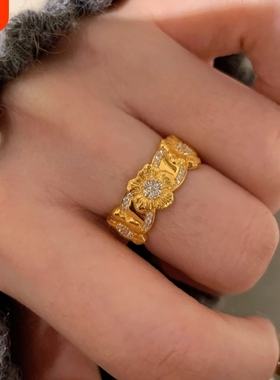 中古vintage镶钻精致排花戒指