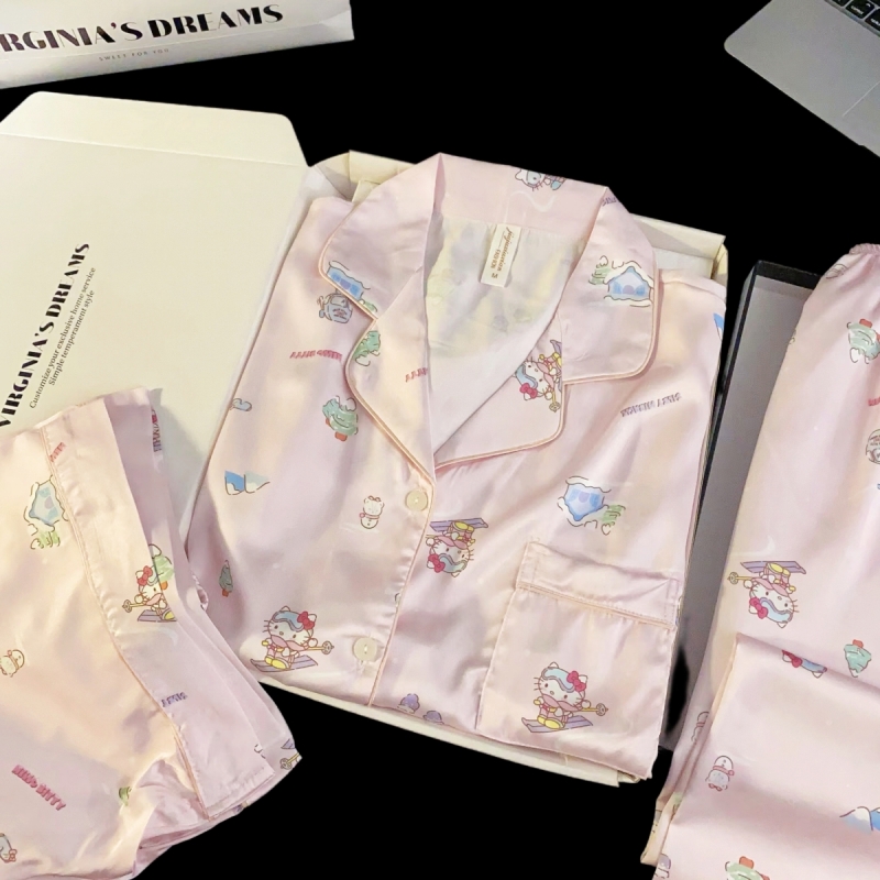 夏季少女HelloKitty睡衣薄款女款粉色冰丝两件套卡通家居服春秋天
