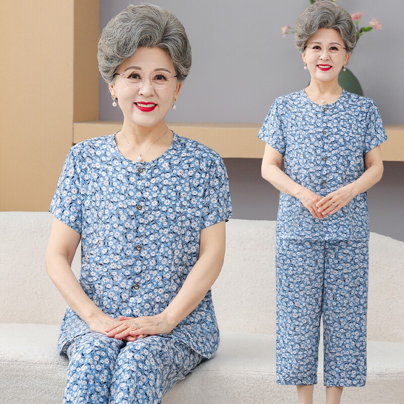 奶奶夏季棉绸套装中老年人家居服夏装短袖开衫60岁70老人衣服薄款