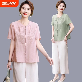 妈妈夏装棉麻小衫套装2026新款短袖T恤衬衣中老年女士国风上衣服