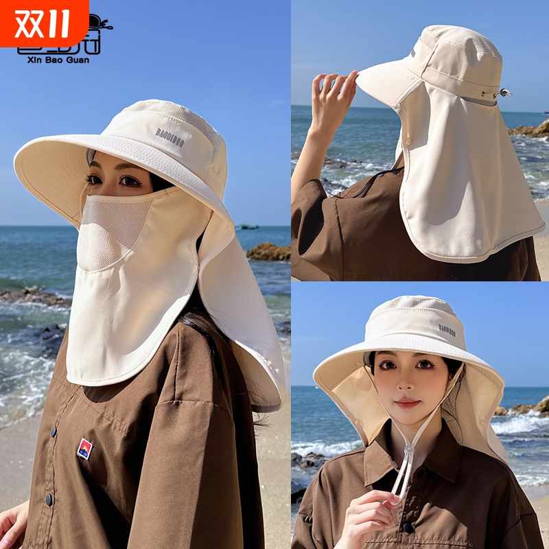 防紫外线夏天遮脸大披肩骑车遮阳帽渔夫帽女防晒海边大帽檐护颈