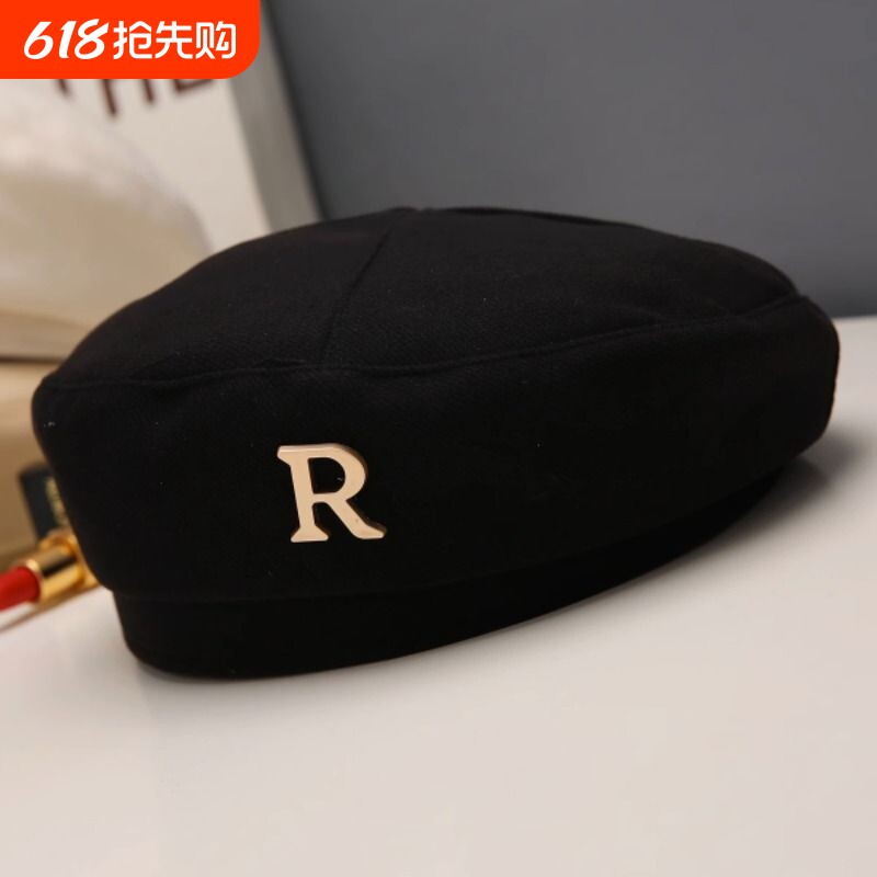 黑色新款贝雷帽女春秋款2023显脸小八角蓓蕾帽子春天平顶手工帽檐