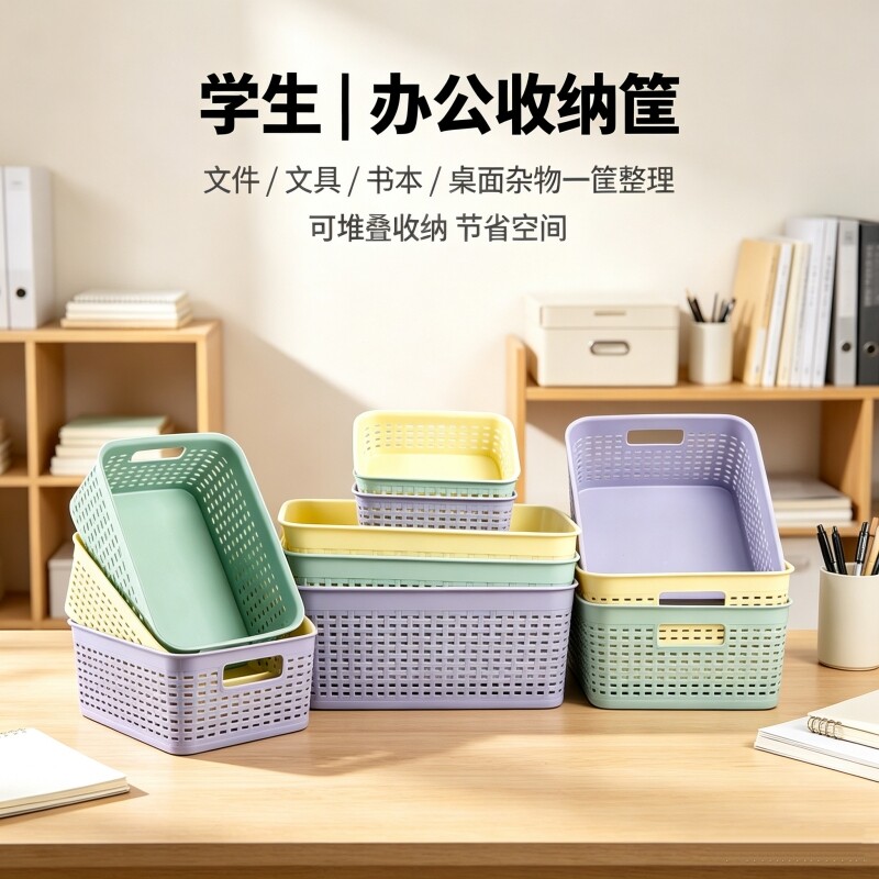 塑料收纳篮文具整理筐办公室文件书本杂物收纳筐带提手多色置物筐