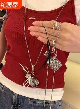 个性编织爱心丝带包包项链女韩国长款银色小众斜挎卫衣毛衣链配饰