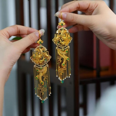 凤穿牡丹耳环新中式宫廷风凤羽仿珍珠精致气质奢华长流苏耳坠耳饰