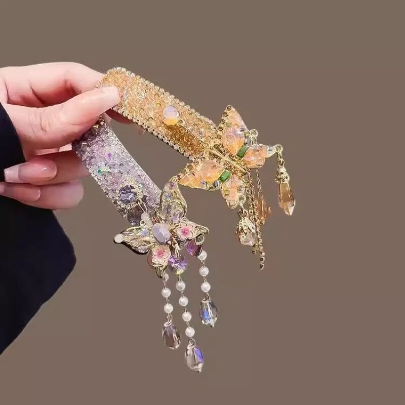 中式超仙紫色水钻蝴蝶流苏发夹女轻奢高级感侧边刘海夹子碎发bb夹