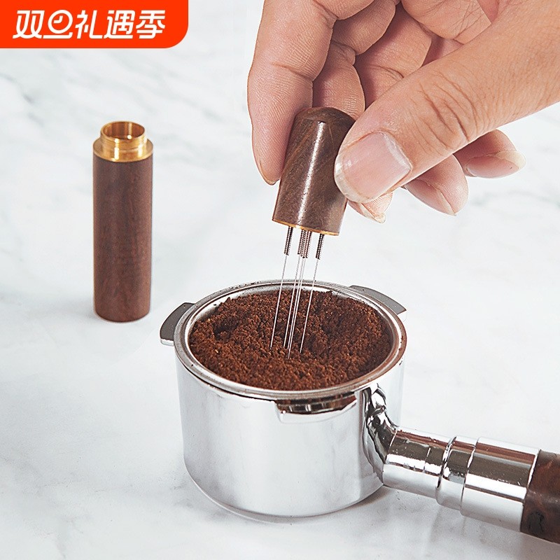 咖啡布粉针不锈钢布粉器咖啡搅拌结块打散器实木带收纳散粉针意式