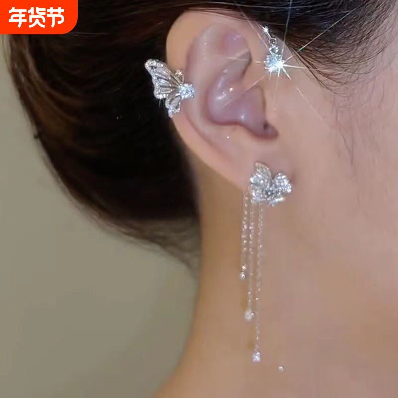 蝴蝶流苏锆石耳挂无耳洞高级感设计轻奢耳骨夹仙气耳夹耳饰女金色