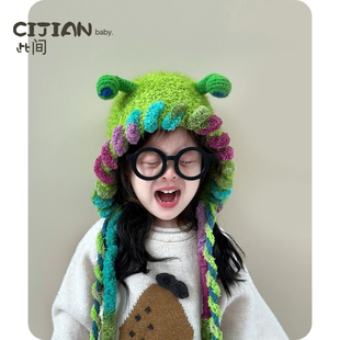 儿童帽子秋冬季宝宝保暖针织帽男童女童毛线帽女宝护耳帽绿色毛绒