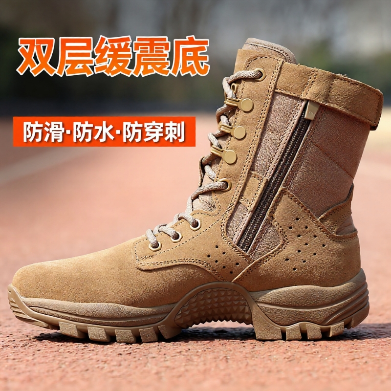 棕色真皮训靴男超轻夏季训练靴作战战术靴户外靴防水高筒防穿刺