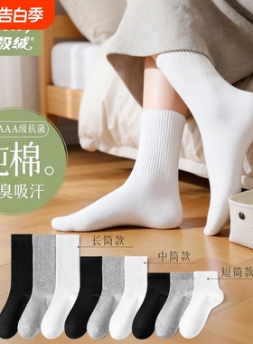 袜子男款防臭女款春秋季中筒袜透气纯棉男士棉袜新疆棉长筒白色