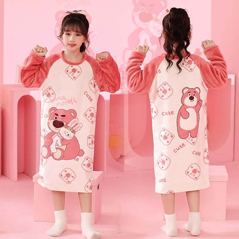 草莓熊2025新款女童睡裙秋冬珊瑚绒保暖中大童宝宝儿童睡衣家居服