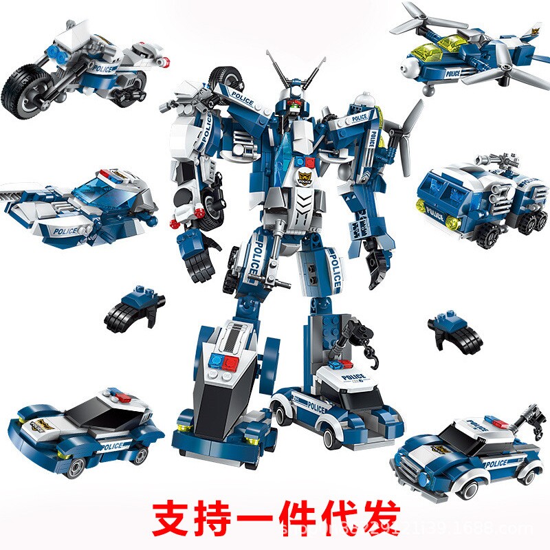 启蒙积木合体拼装机甲坦克战舰男孩益智力玩具警察变形机器人金刚