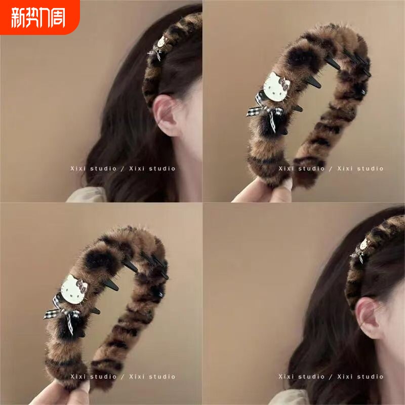 时尚毛绒豹纹初秋甜酷辣妹KT猫咪发箍箍高颅顶带齿发卡蓬松神器饰