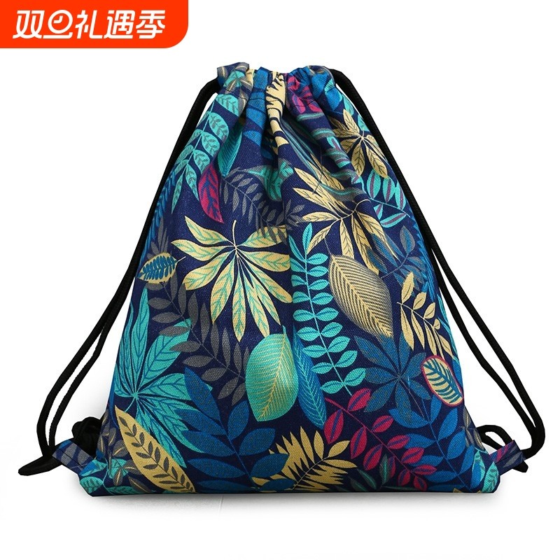 韩版小清新束口袋抽绳双肩包男女纯色帆布背包牛仔布袋书包女防水